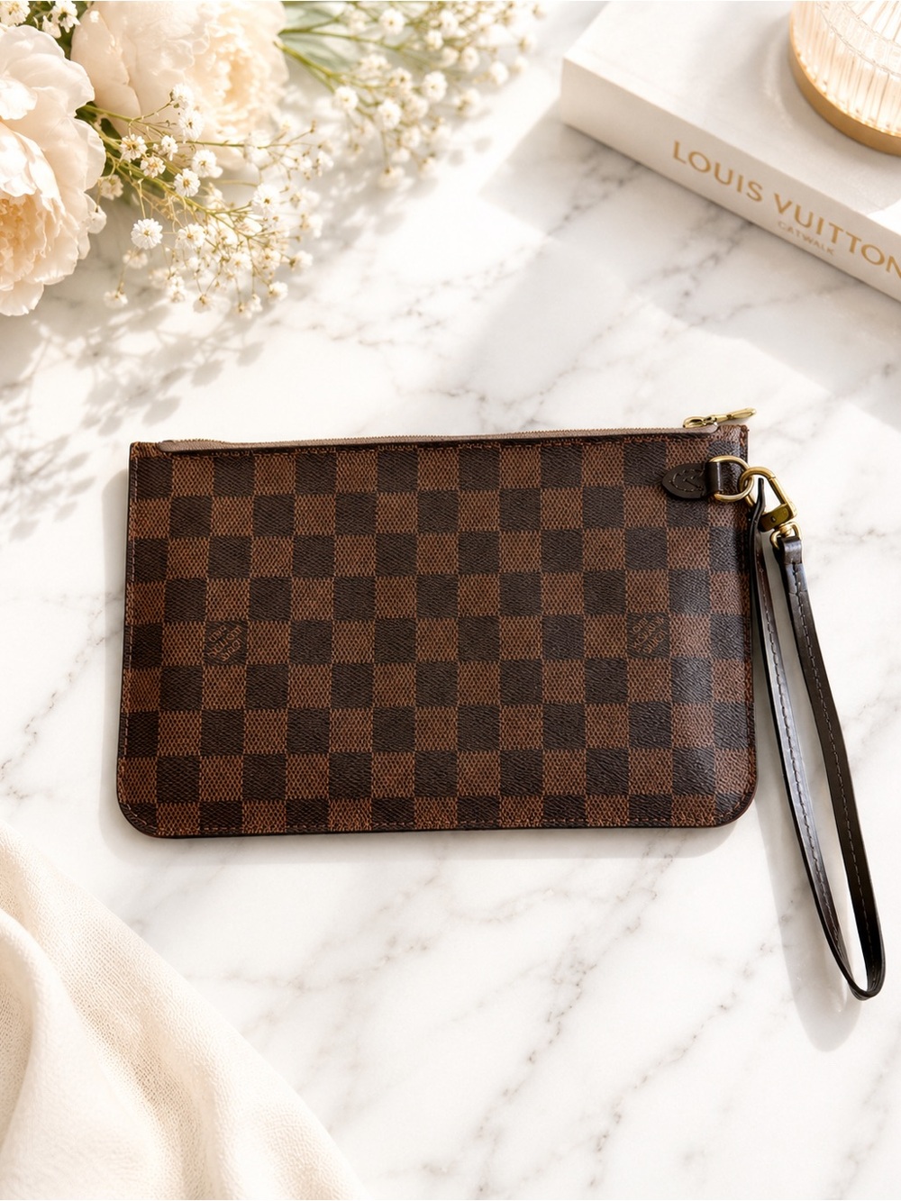 Authentic Louis Vuitton Damier Ebene Neverfull Pochette Wristlet